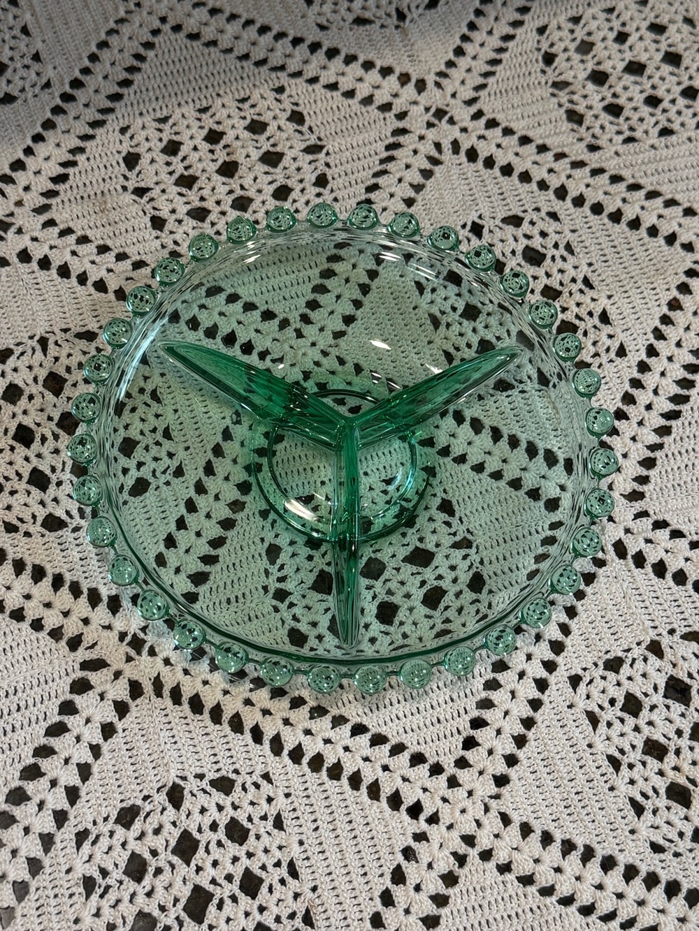 Vintage candlewick style green glass divided multipurpose trinket dish.